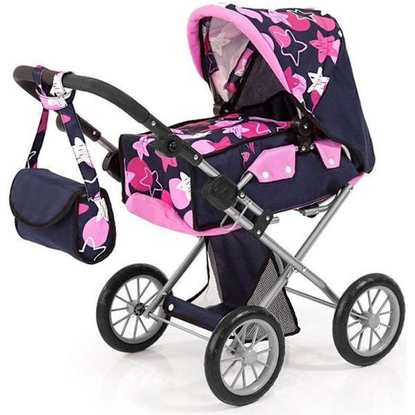 BAYER Dockvagn Barnvagn City Star Blue and Hot Pink Stars Justerbar med en axelväska blått och rosa
