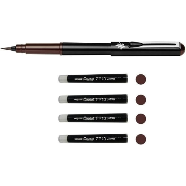 Pentel GFKPN Pocket Brush Pigment Ink Brush Penna för kalligrafiskissritningar Sepia + 4 patroner