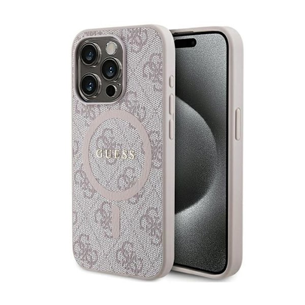 Fodral för iPhone 15 Pro - Guess - 4G Collection - Läder Metall - Rosa - MagSafe Rosa