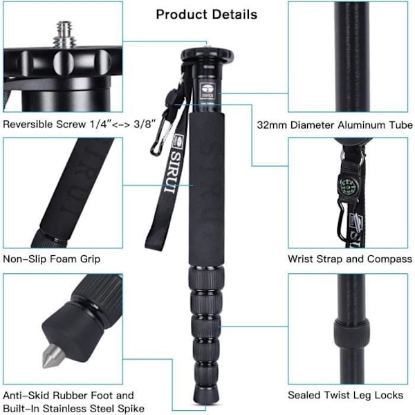 SIRUI Monopod Kamera, 6 Sektioner Bärbar Monopod i Aluminiumlegering, Multifunktionell Resemonopod i Hög Kvalitet