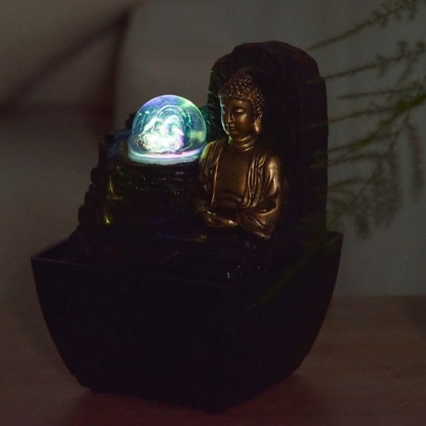 Liten hartsfontän inomhus med Theravada Buddha LED Brun, Guld
