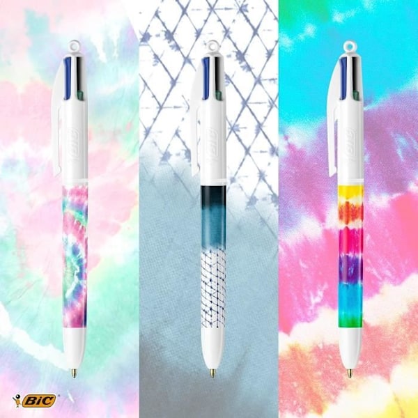 BIC Tie Dye skrivbordsset med 4-färgs BIC Tie Dye kulspetspennor och Mini Pocket Mouse korrigeringstejper med matchande design Vit