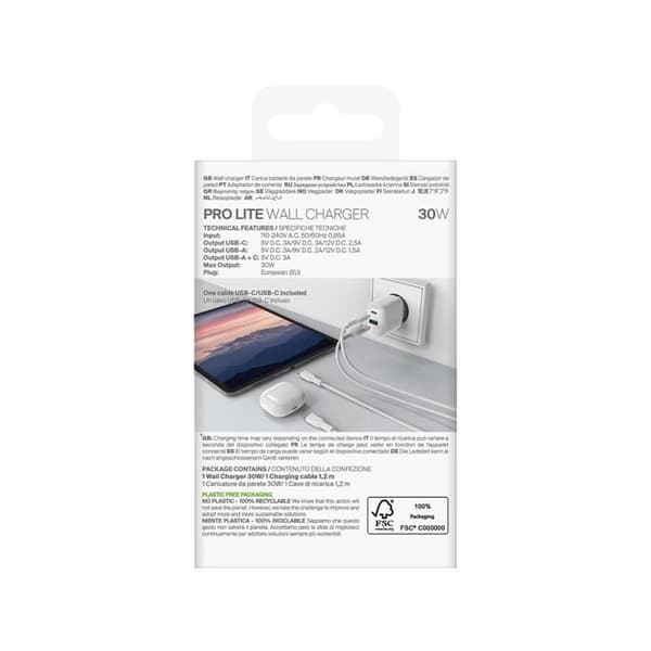 Laddare - PURO - PROLITE 30W - USB-A och USB-C - Snabbladdning - Kabel 1,2m Vit
