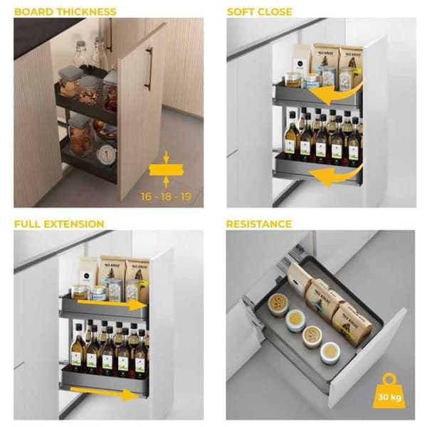 -Emuca Chariot utdragbar Harmony med dämpad stängning, Modul bredd 400mm höjd 700mm, Stål och Trä, Grafitgrå Kolgrå