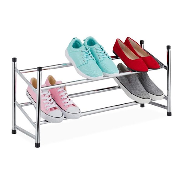 Relaxdays teleskopisk skohylla, 2 våningar, 10 par, metall och plast, HxLxP: 36x16-115x23 cm, silver. silver, svart