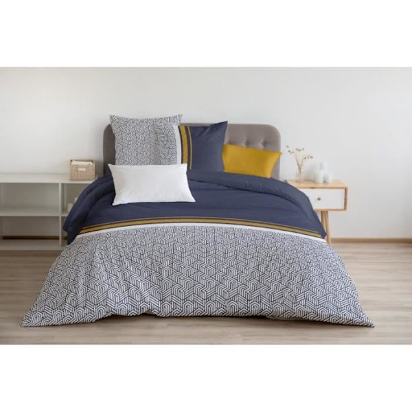 Täcke - LE TILT - 220x240 cm - 100% bomull - Mjukhet - Dolda knappar Navyblå, Vit, Senapsgul, Grangrön