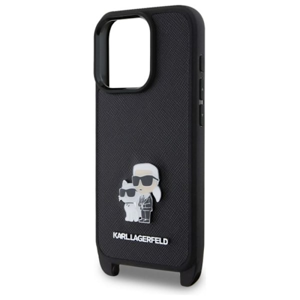 iPhone 16 Pro Max-fodral med metallrem Karl Lagerfeld Saffiano Karl & Choupette (svart)