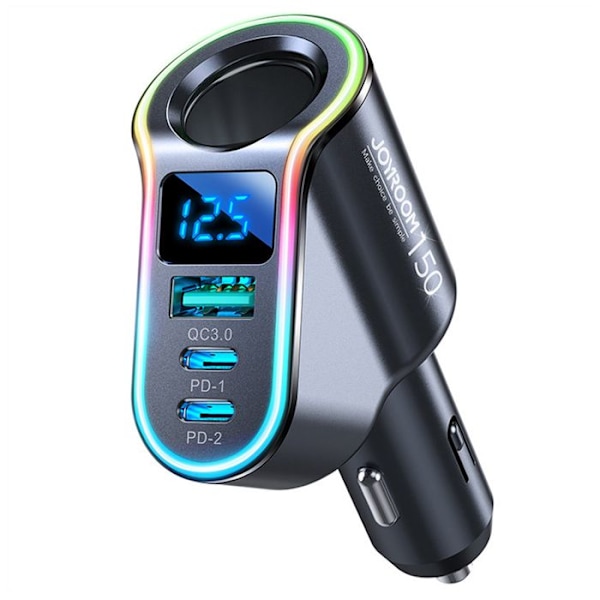 USB-bilopladdare, 2x Typ-C, tändare, LED-lampor, 150 W - JoyRoom (JR-CL21) - Svart Svart