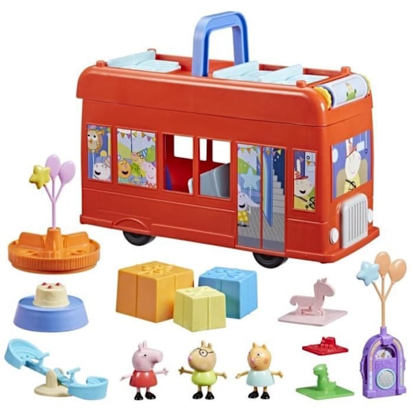 Peppa Pig, 2 i 1 Party Bus set med 3 figurer och 13 tillbehör, förskoleleksaker för flickor och pojkar, från 3 år Flerfärgad