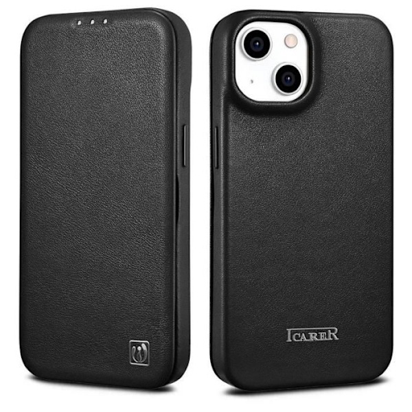 iPhone 14 Plus - iCARER Folio-fodral i äkta läder med MagSafe & magnetisk stängning (Svart)