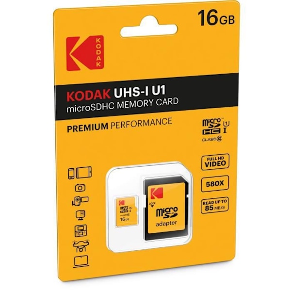 KODAK Class10 U1 microSDHC-minneskort - 16 GB - Gul - Upp till 85 MB/s
