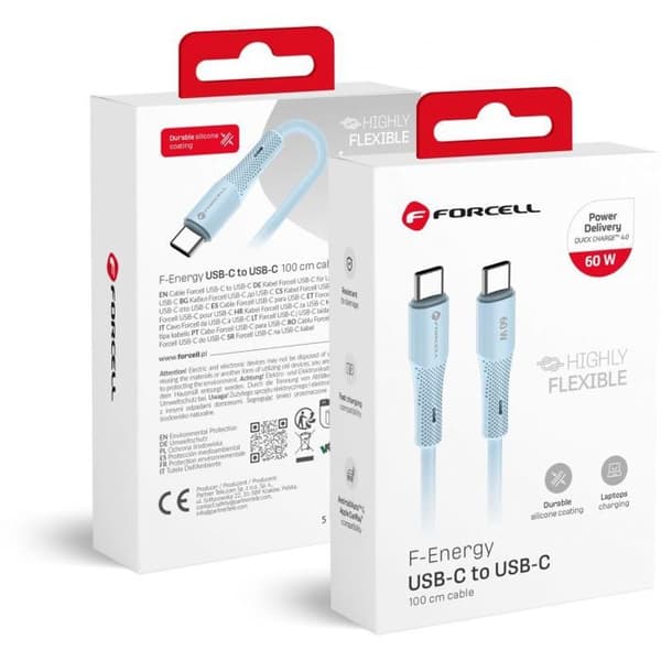 USB-C-kabel - FORCELL - USB-C 1 m Blå - Rak kontakt - USB 2.0 - Ej flätad