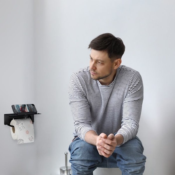 Relaxdays Toalettpappershållare med mobilhållare, väggmontering med och utan borrning, i rostfritt stål 430, matt svart svart