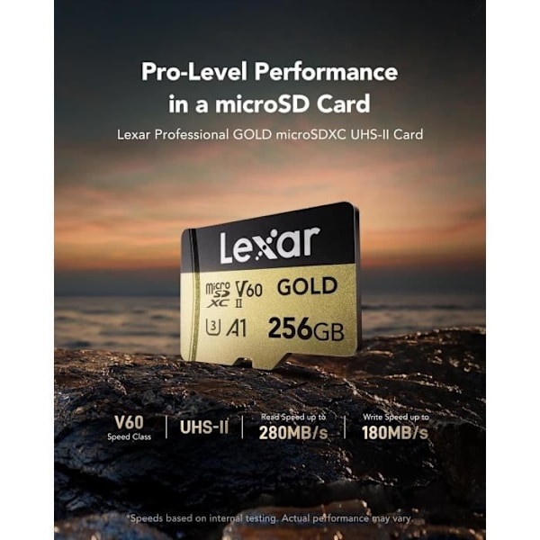 Lexar GOLD Micro SD-kort 256Go, microSDXC UHS-II minneskort, microSD-kort V60, U3, A1, C10, läsning upp till 280Mo/s, för dro
