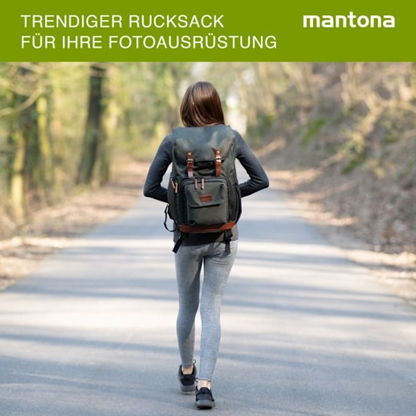 Kameraryggsäck - mantona - Luis - Nylon - Läder - Grön