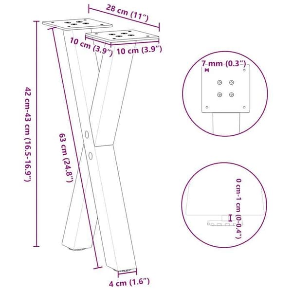 vidaXL X-formade soffbordsben, 2 stycken, antracit, 28 x (42-43) cm, stål 4012890