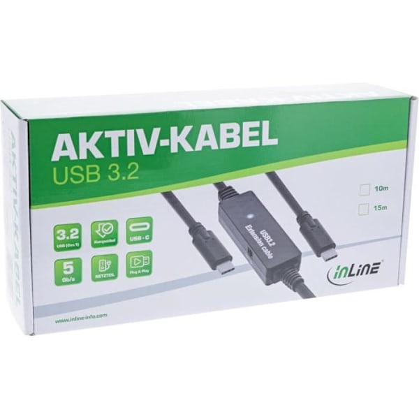 InLine Aktiv kabel USB 3.2 Gen.1 - USB-C hane till USB-C hane - Adapterkabel med signalförstärkning - Förlängning lo