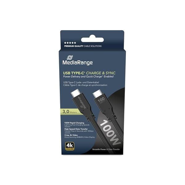 USB Type-C-kabel - MediaRange - MRCS218 - 100W - 3m - Svart