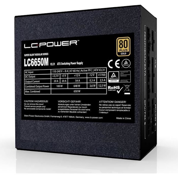 LC-POWER 650W PC-strömförsörjning, Helt modulär, Certifierad 80 Plus Gold, PSU Gaming, ATX, 5 års garanti, LC6650M