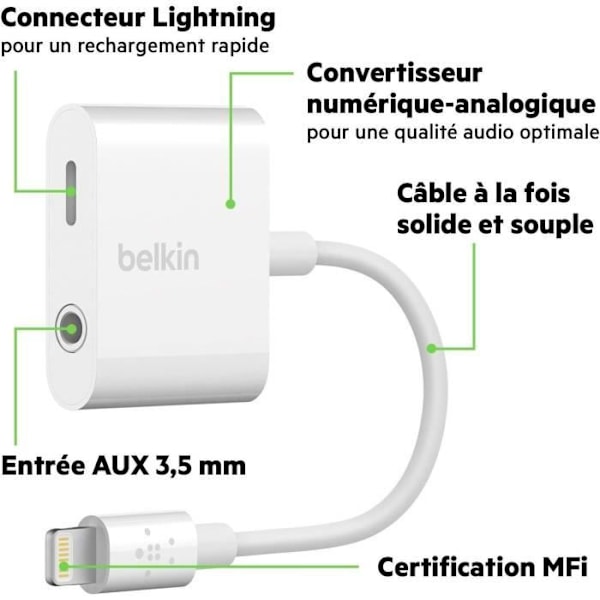 BELKIN Ljudadapter + Lightning - 3,5 mm - Vit - Iphone 7 7+ SE 6S 6S+ Vit