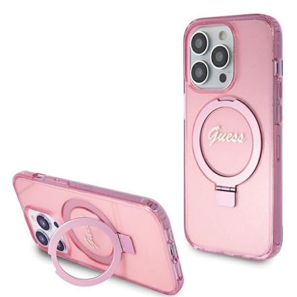 Coque för iPhone 15 Pro Max - Guess Ring Stand Script Glitter MagSafe (GUHMP15XHRSGSP) - Rosa