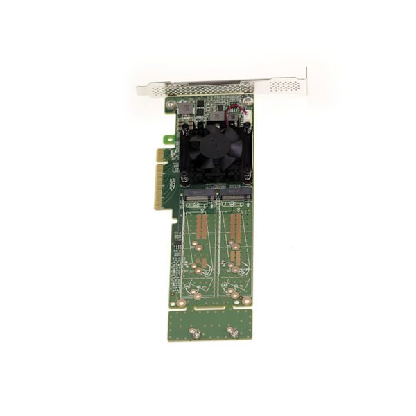 M2 PCIe 3.0 x8-kontrollkort för 2 M.2 NVMe M Key SSD:er. PLX PEX 8747-chipset - 32GB per SSD, 64G totalt. Hög och låg profil.