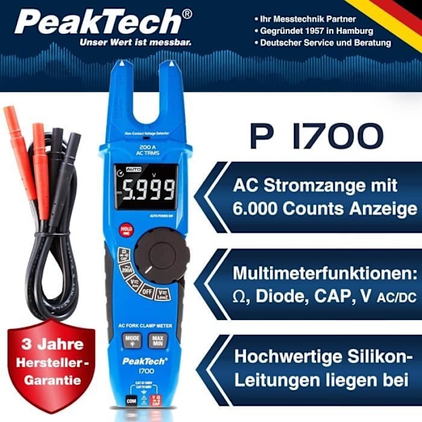 PeakTech 1700 - TRUE RMS Strömtång 200 A AC Spänningsdetektor med LCD-display