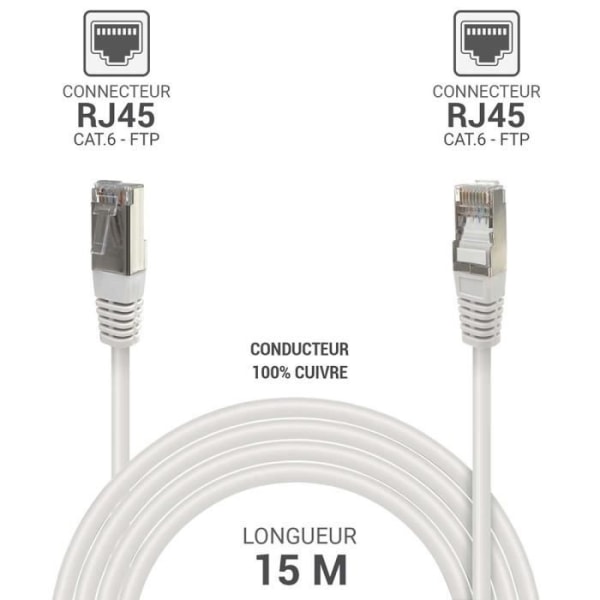 RJ45 Ethernet nätverkskabel Cat 6 FTP 33540 skärmad 250MHz 100% kopparledare Längd 15m Vit