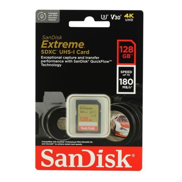 SANDISK Extreme 128GB SDXC 180MB/S 90MB/S UHS-I Class 10 U3 V30 SDXC-minneskort