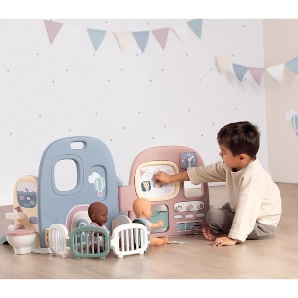 Smoby - Bebisvård - Spjälsäng 5 platser + 27 tillbehör - Babydocka upp till 42 cm Rosa, blå, vit