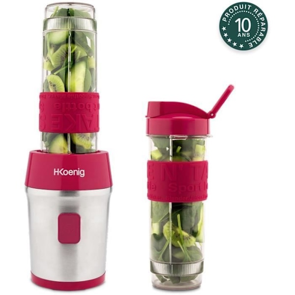 Minimixer - H.Koenig - SMOO10 - 300 W - 570 mL - Hallon - 2 flaskor ingår Hallon, grått och genomskinligt