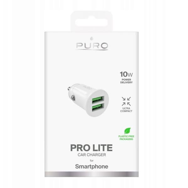 Laddare - Puro Pro Lite biladapter 2 x USB-A 10 W Vit