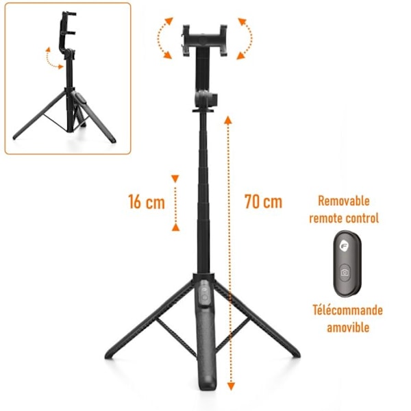 Selfie-stativ FORCELL med Bluetooth-fjärrkontroll, utökningsbar till 70 cm, lätt och kompakt, professionell kvalitet