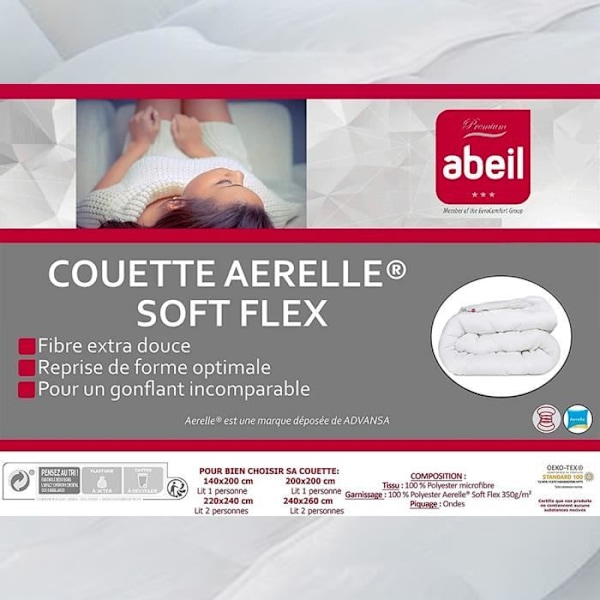 Premium tempererat täcke 350g vit Aerelle soft flex ABEIL Mått - 220x240