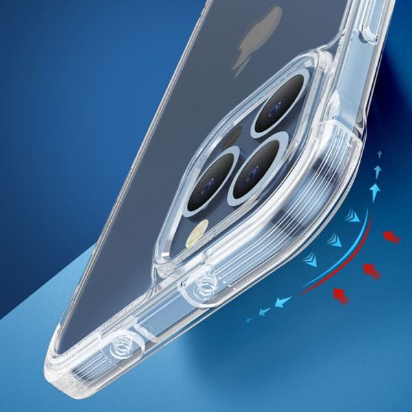 Transparent skyddsfodral för iPhone 13 Pro Max, med krokar och stöd.