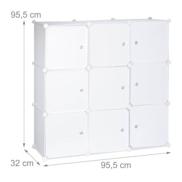 Relaxdays Förvaringshylla 9 fack plastdörrar modulär DIY montering plug-in bokhylla 95x95x32 cm, vit Vit