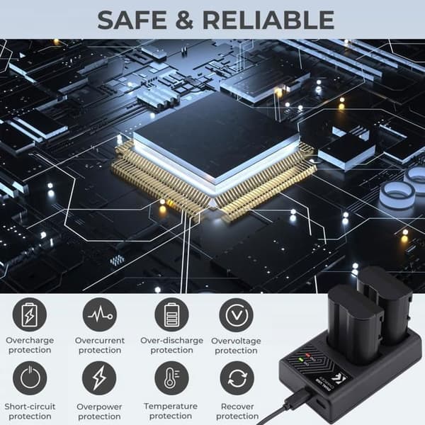 Snabbladdare med dubbla platser, micro USB och dubbel typ C USB-kabel kompatibel med Nikon-batterier
