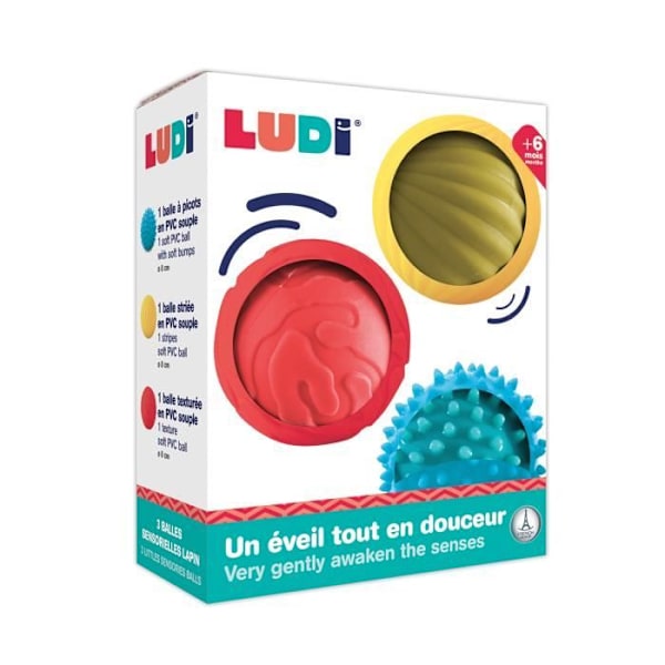 LUDI - Box med 3 mjuka, lättgreppade sensoriska bollar för spädbarn från 6 månader och uppåt Rödblå gul