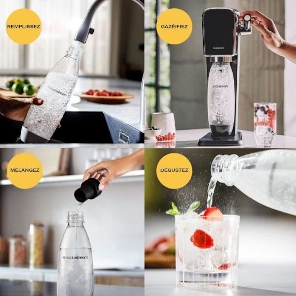 SODASTREAM Art - Black Sparkling Water Machine - Pack 1 1L Diskmaskinskompatibel flaska + 1 60L Clip-on Gas Refill Svart