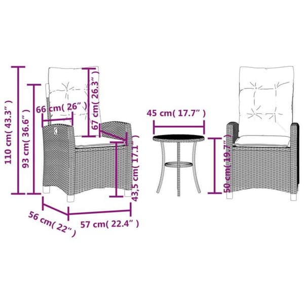 vidaXL Bistroset 3 delar med kuddar beige flätad resin 365228