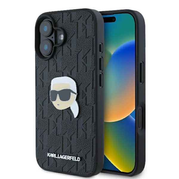 Coque för iPhone 16 med Karl Lagerfeld Monogram nål (svart)