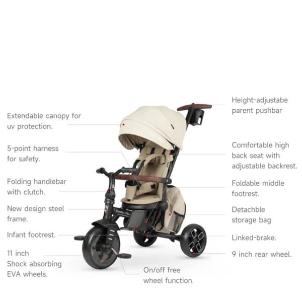 Fällbar evolverande trehjuling - QPLAY - Comfort Max 6 i 1 - 360° svängbart säte - Neutralt - 5-punkts bälte