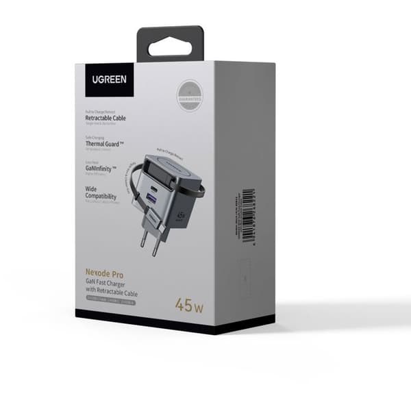 Nätadapter - UGREEN - 65W - USB-A och USB-C - Retractable Grå