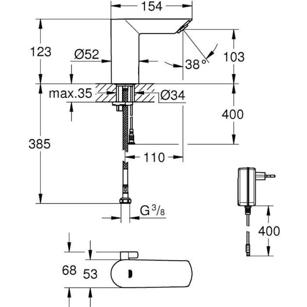 GROHE Infraröd tvättställsblandare Bau Cosmopolitan E 1/2 "36453000 - 7 program-Med transformator-Temperaturbegränsare-Krom