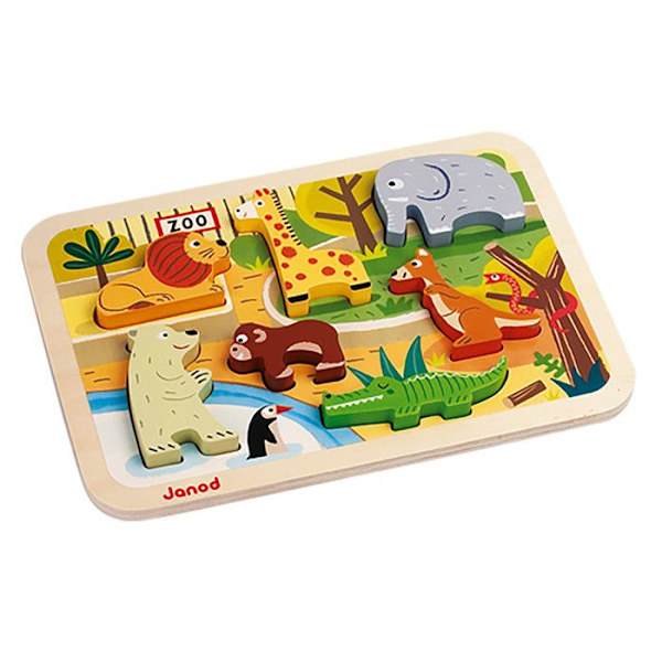 JANOD Wooden Zoo Puzzle 7 st - Från 18 månader - Djur - Motorik och fantasi Flerfärgad