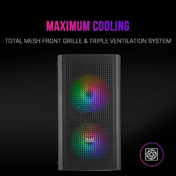 PC-chassi Micro ATX - Mars Gaming - MC300 Svart - Härdat Glas - 3 FRGB Fläktar - Total-Mesh