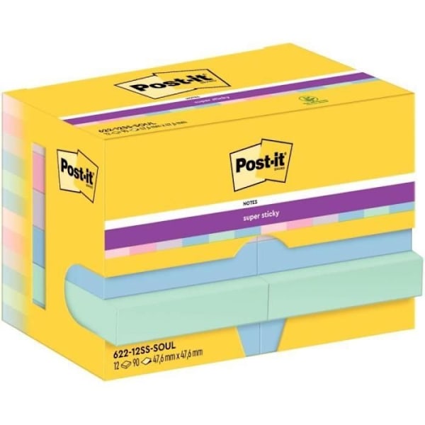 Set med 12 flyttbara block 90 ark Post-it Super Sticky Soulful-kollektion 47,6 x 47,6 mm