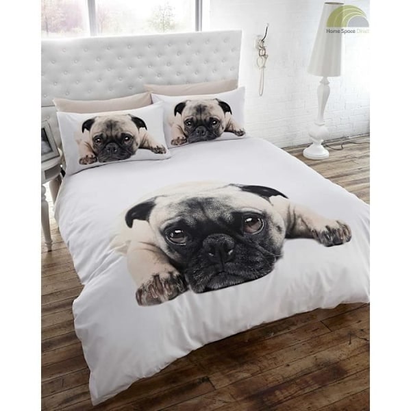 Sängkläder - 12393475 - King Size - Mops Hund - 50% Bomull - 50% Polyester Vit