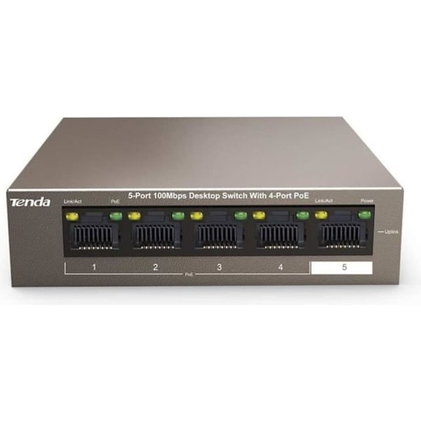 TENDA Desktop Switch 5 portar 10/100 Mbps Base, TX RJ45, Ethernet POE Switch, 4 Ports Poe Switch, Plug&Play, TEF1105P-4-63W Grå