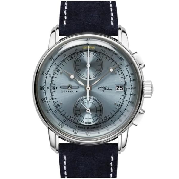 Herrklocka - ZEPPELIN - 100 år - Stål 43mm - Blå läder - Quartz kronograf Silver